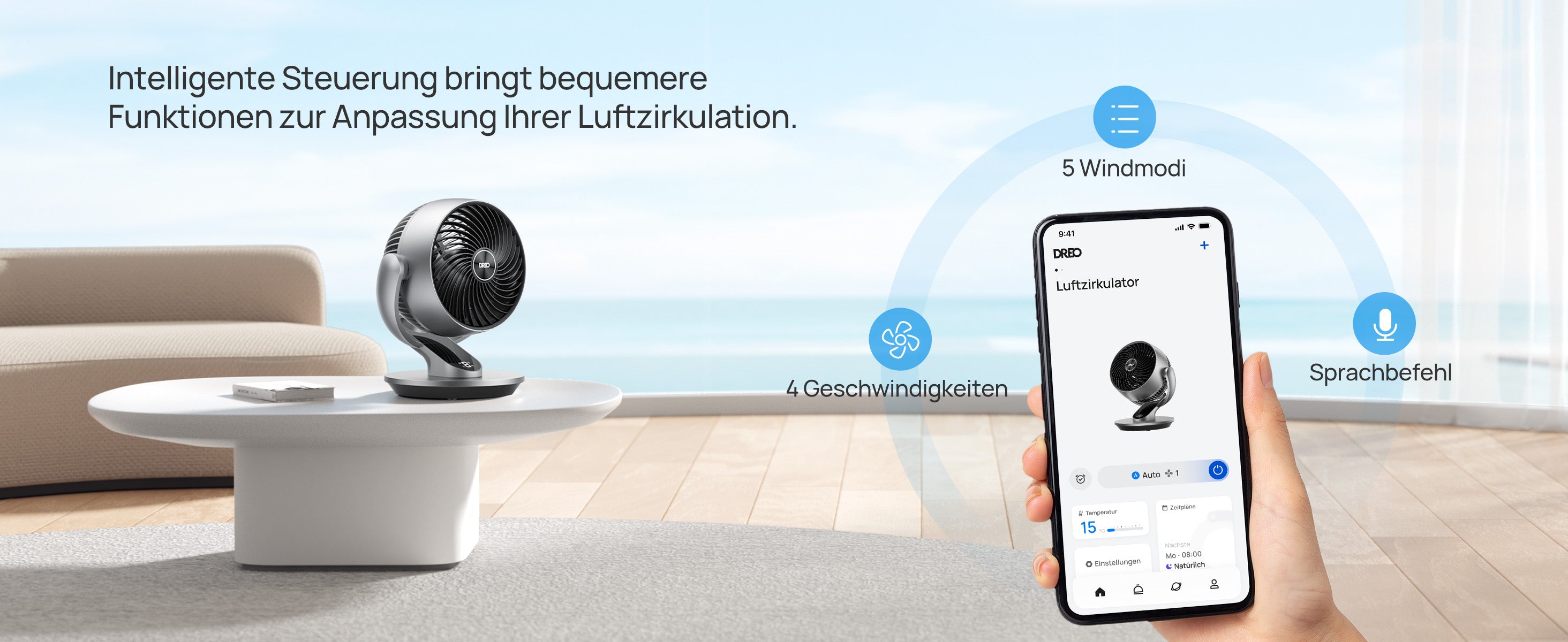 Intelligente Steuerung bringt bequemere Funktionen zur Anpassung Ihrer Luftzirkulation.